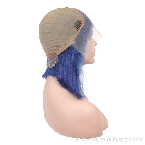Wholesale Blue Short Bob Wig Brazilian Human Hair Colored Lace Front Wigs for Black Women